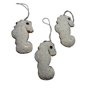 Handmade White Beaded Seahorse Ornaments Set Of 3 With Satin Backing